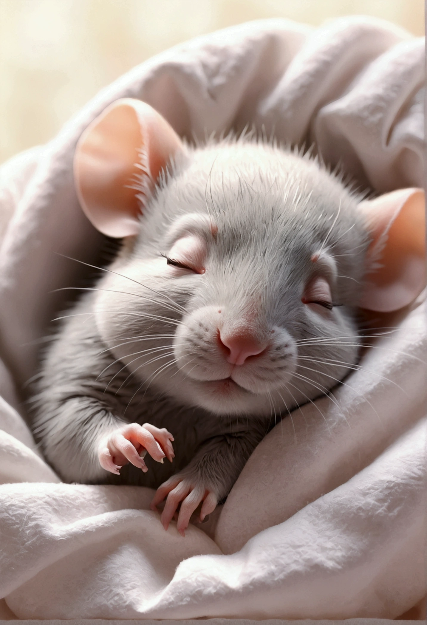 Sleeping with your eyes closed, ベットでAre sleeping美しいラット, Little rat, baby, Volumetric Light, Ultra-realistic, Intricate details, shape, Painting, watercolor, Cute Chibi, ah!, Shallow depth of field, Pastel Color Palette, Soft lighting, Minimum, Modern, Digital Painting, Lois Van Bell、Ross Tran、Art by artgerm, Artstation HQのトレンド, Very detailed，sleep，Are sleeping