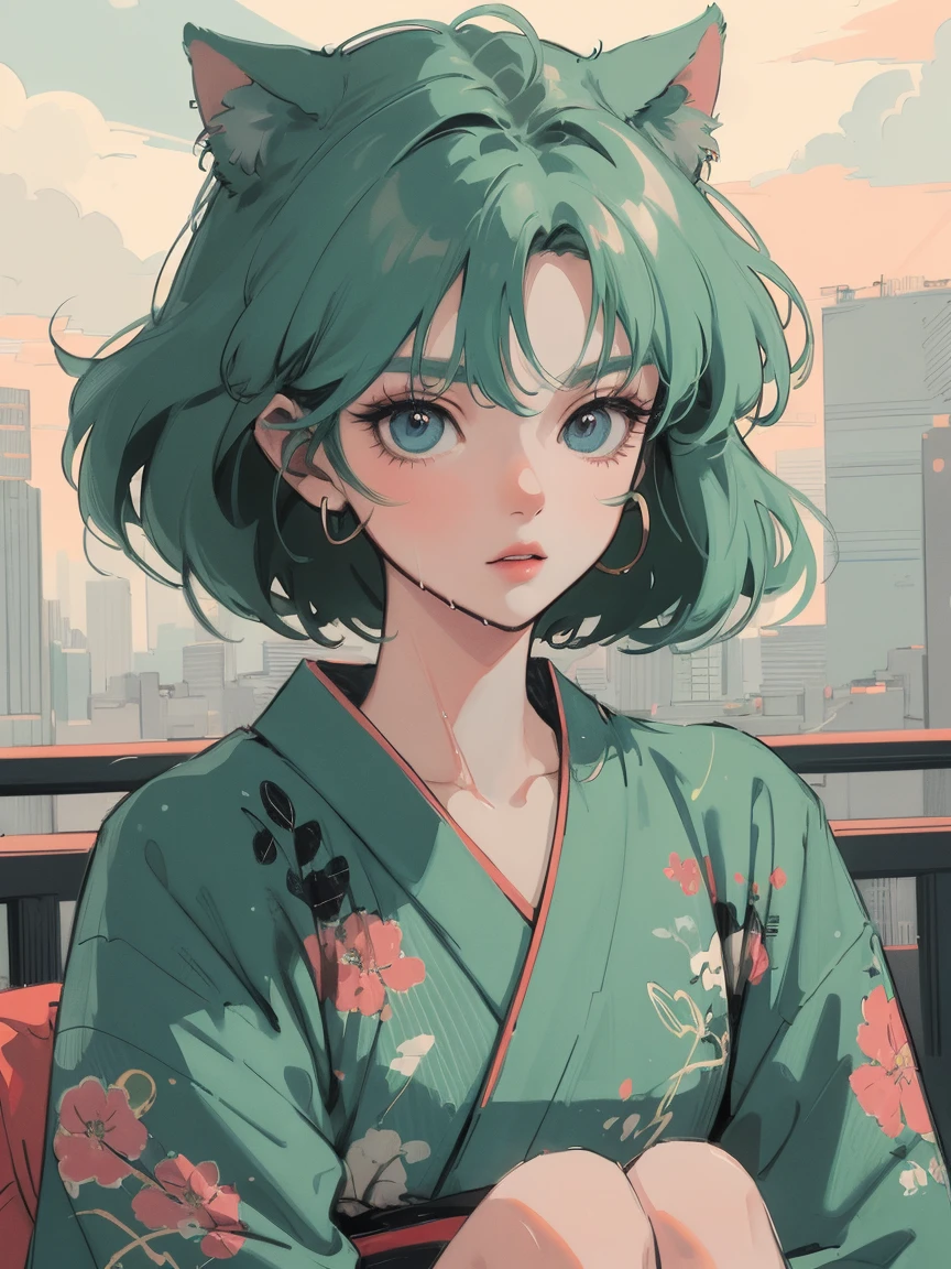 anime girl sitting on floor looking, anime aesthetic, anime vibes, Lofi Artstyle, Lo-fi portrait. anime, Lofty Girl, anime art wallpaper 4 k, anime art wallpaper 4k, anime art wallpaper 8 k, anime background art, Lofi Color, Lofi Art, anime asthetic, Berry Short, kimono, kimono, Tokyo scenery, In the city, Wet day, Outside, Cloudy, Neon City, Whole body shot, Green Hair, night, night中, short hair, Short Hair, Cat ear