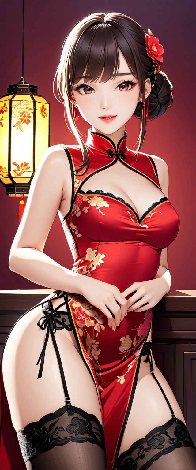 high resolution, Adult women , Good lighting, contemptible, , (no nudity), (((cheongsam))), (()), ((())), (Garter belt), Abdomen only, (),  ,  Cute face, I&#39;I很尴尬，Blushed, humiliation, ((Look back)), ((transparent))()(T-back)(Existing in large quantities on the body,)
