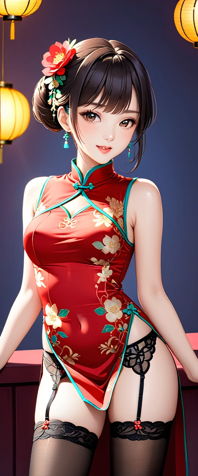 high resolution, Adult women , Good lighting, contemptible, , (no nudity), (((cheongsam))), (()), ((())), (Garter belt), Abdomen only, (), , Cute face, I'I很尴尬,Blushed, humiliation, ((Look back)), ((transparent))()(T-back)(Existing in large quantities on the body,)