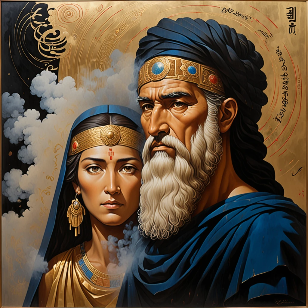 Hiroshi Matsumoto style portrait of the blind Greek prophet Oedipus and his sister Antigone, cosmic radar background, cosmic connectivity cutting edge oil painting, face disappearing into mist and smoke, after Hiroshi Matsumoto, cascading golden rivers, Persian calligraphy, Assyrian signs, screen printing style,