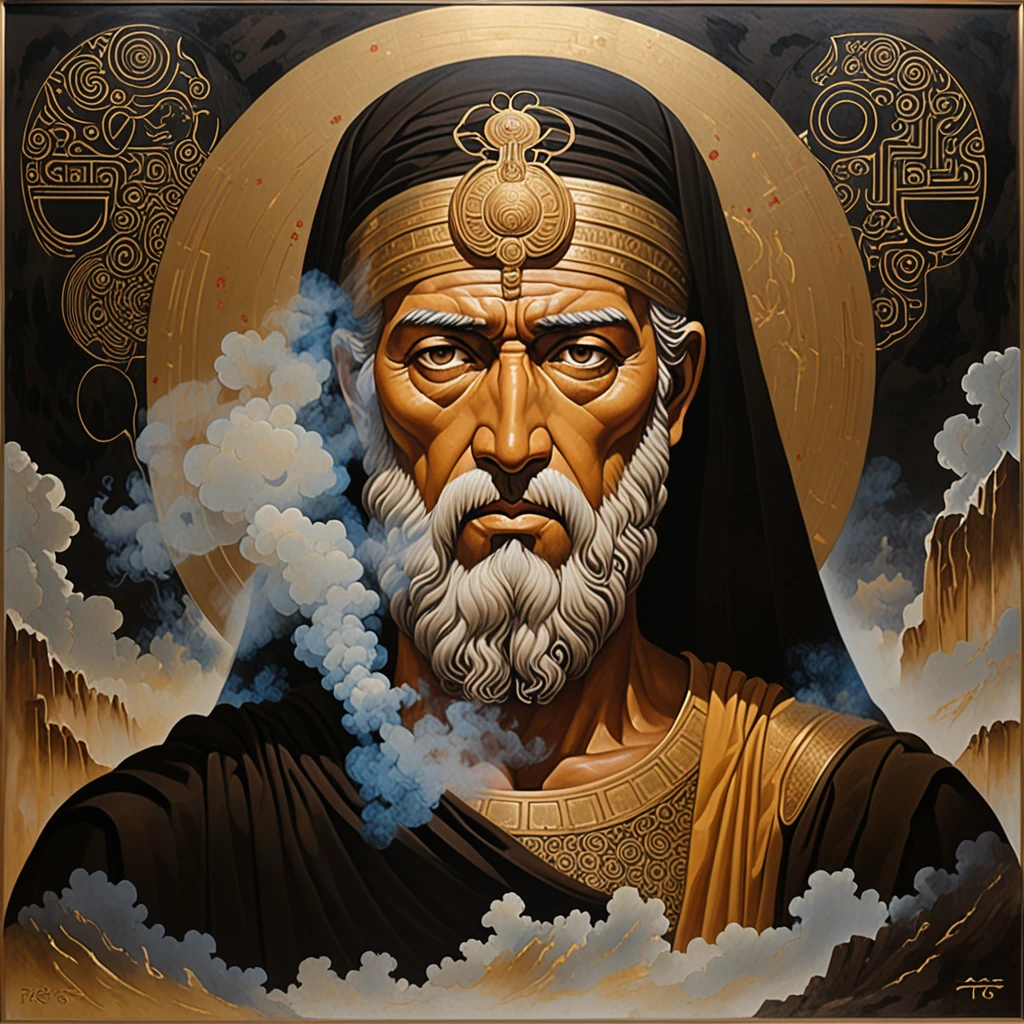 Hiroshi Matsumoto style portrait of the blind Greek prophet Oedipus and his sister Antigone, cosmic radar background, cosmic connectivity cutting edge oil painting, face disappearing into mist and smoke, after Hiroshi Matsumoto, cascading golden rivers, Persian calligraphy, Assyrian signs, screen printing style,