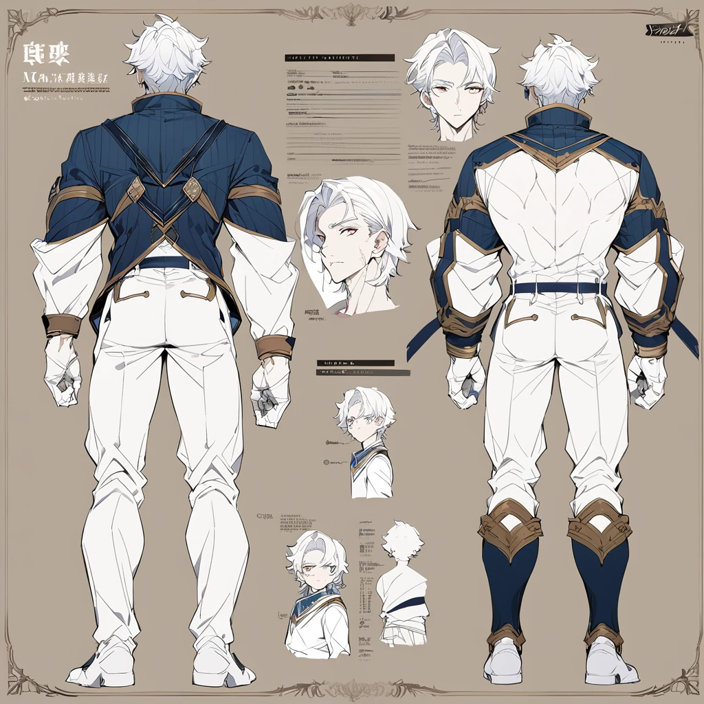 ((masterpiece, Highest quality)), male, maleの子, Detailed face, Character design sheet， Full Body, Full of details, Front view, Back view, Very detailed, depth, Many parts, Muscle maleの子 with white hair，Handsome, Scholar&#39;s outfit, 背の高いmale性、Grey suit