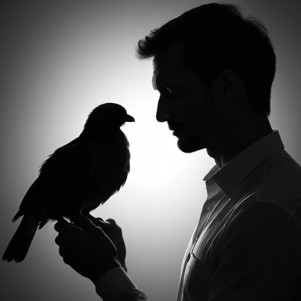 Man thinking silhouette, hand on his chick, close up professional photograph,