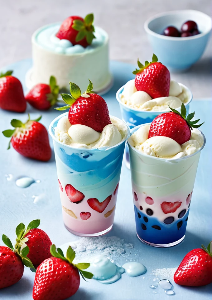 made of ice cream and cream,shallow粉色、shallow、shallow蓝色、shallow绿色,Decorated with strawberries、cherry