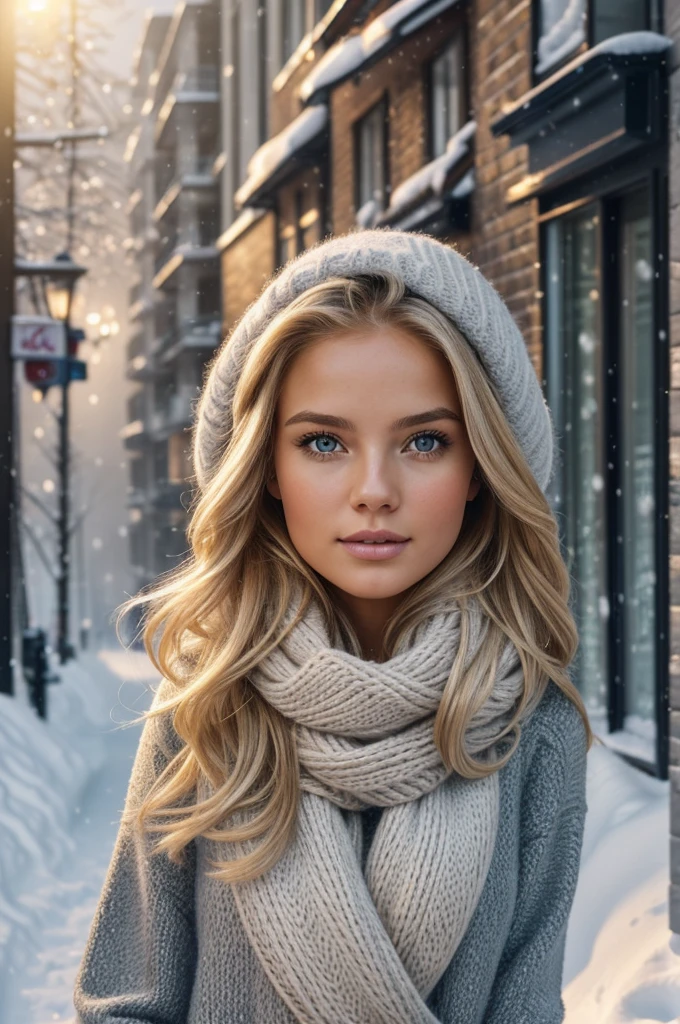 professional portrait photograph of a gorgeous Norwegian girl in winter clothing with long wavy blonde hair, sultry flirty look, gorgeous symmetrical face, cute natural makeup, wearing elegant warm winter fashion clothing, ((standing outside in snowy city street)), stunning modern urban environment, ultra realistic, concept art, elegant, highly detailed, intricate, sharp focus, depth of field, f/1. 8, 85mm, medium shot, mid shot, (((professionally color graded))), bright soft diffused light, (volumetric fog), trending on instagram, hdr 4k, 8k