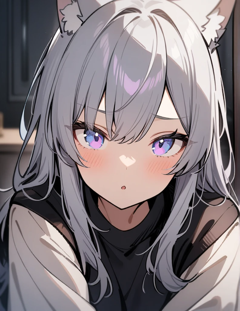 One girl, masterpiece, Gray Hair, Light blue eyes,Light purple eyes,Odd Eye, Wolf Cut,