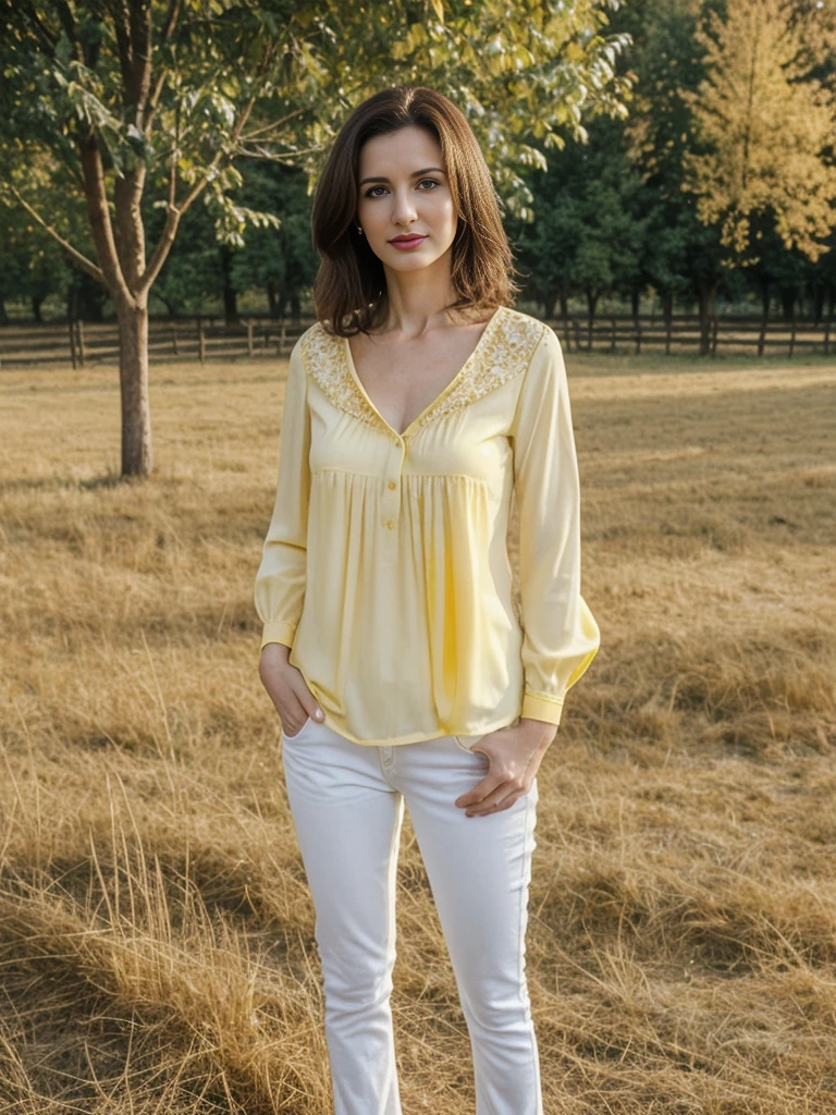 her name is Yasmin Fatima, high quality, ((mature)), ((white pale skin)), 1girl, ((30-year-old fit Swiss woman)), ((30 years old)), ((fit)), ((brunette)), pose: standing, wearing stylish (((light-yellow blouse and jeans))), ((BACKGROUND: Countryside barns in America)), random pose, cranky hair