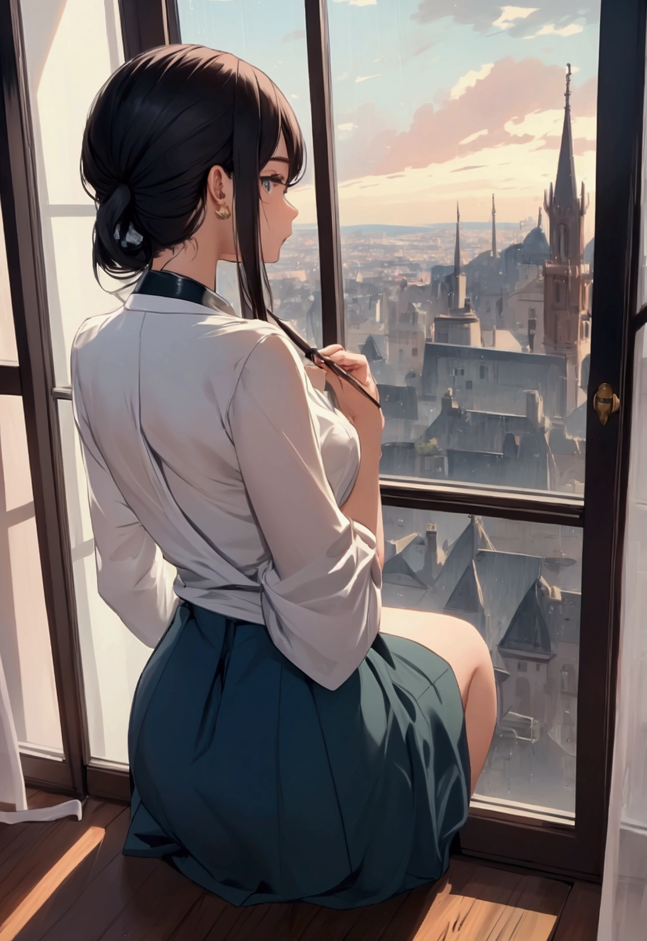 You're sitting on the sofa looking out the window at the city, outside the window it's raining, painting by Louis Hercent, tumbler, arabesque, great view, view from behind, looking from behind, seen from behind, shot from behind, great view, magnificent view, from behind, wonderful view, behindfrom behind, nice view, view from behind, viewed from behind
