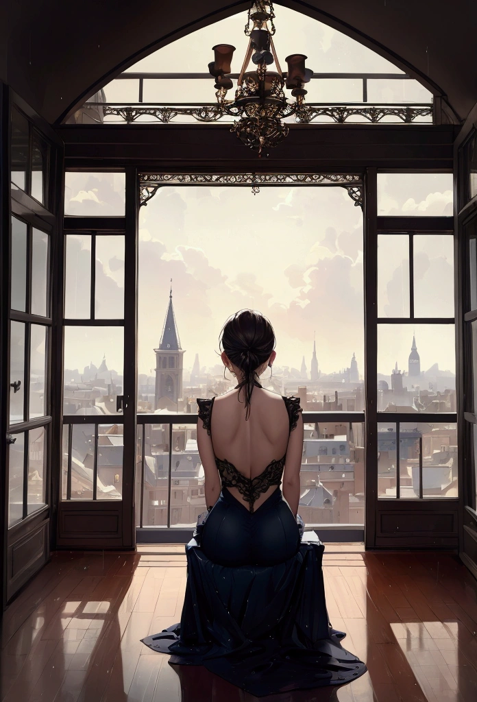 You're sitting on the sofa looking out the window at the city, outside the window it's raining, painting by Louis Hercent, tumbler, arabesque, great view, view from behind, looking from behind, seen from behind, shot from behind, great view, magnificent view, from behind, wonderful view, behindfrom behind, nice view, view from behind, viewed from behind