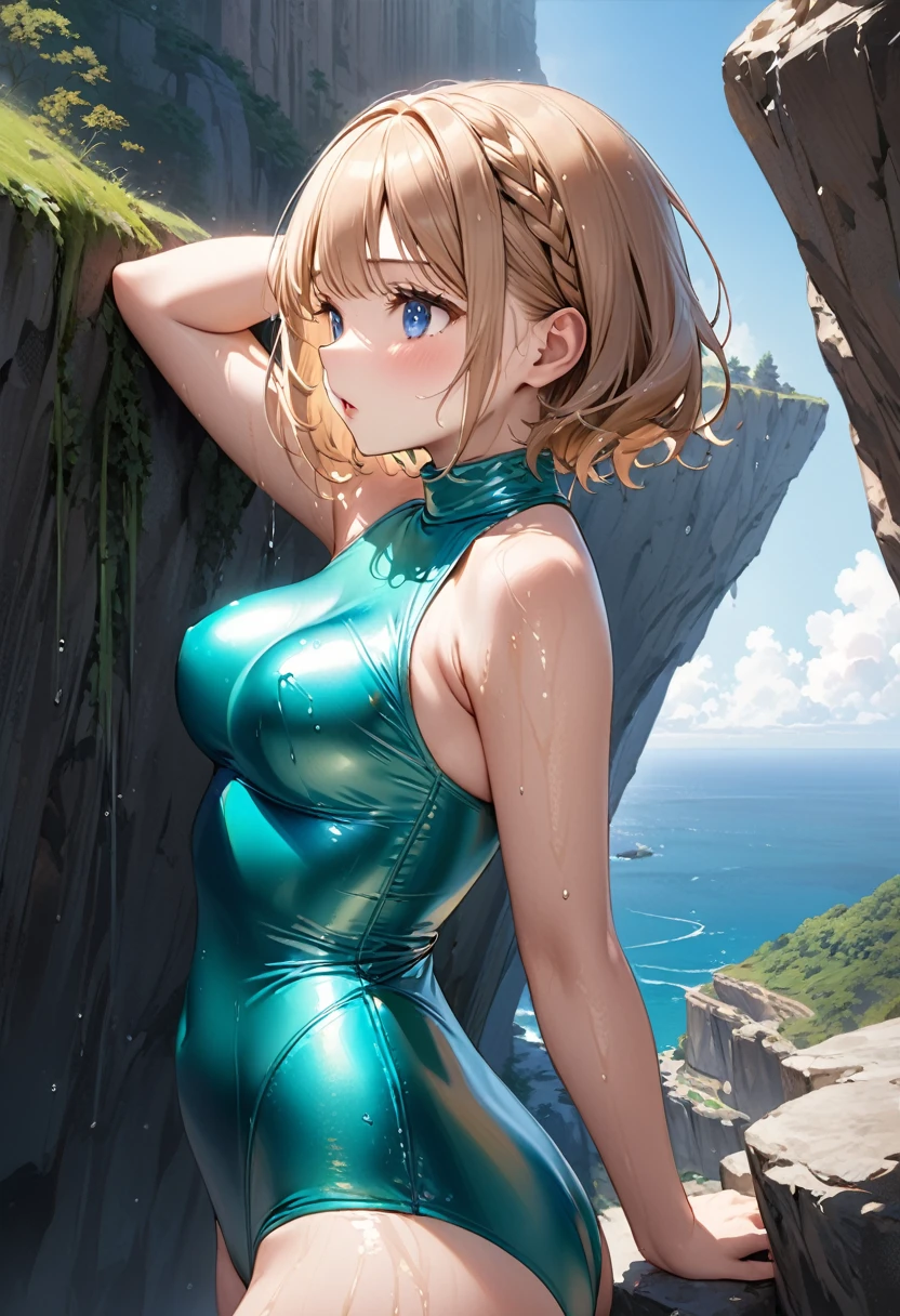 Highest quality, masterpiece, Ultra-high resolution, (Realistic:1.2), RAW Photos, Intricate details, Big beautiful blue eyes, Perfect contours, Girl, break　(chibi,　Young junior high school student:1.2), Braided Bob, break　((shoot from behind:1.2, looking away:1.2)), (perky breasts:1.2, high breasts:1.2), (curvy waist:1.2), Competitive swimmer, (one piece:1.2, turtleneck:1.2, Sleeveless swimsuit:1.2, Sandals), (Metallic Green, tight high leg swimsuit:1.2), Portraiture,　break (Standing on the edge of the highest cliff:1.2, Hesitant to jump, It is surrounded by sheer cliffs of incredible height.:1.2), (Anxious expression、His mouth is twitching with fear), (Wet Skin), armpit、(empty-handed)、