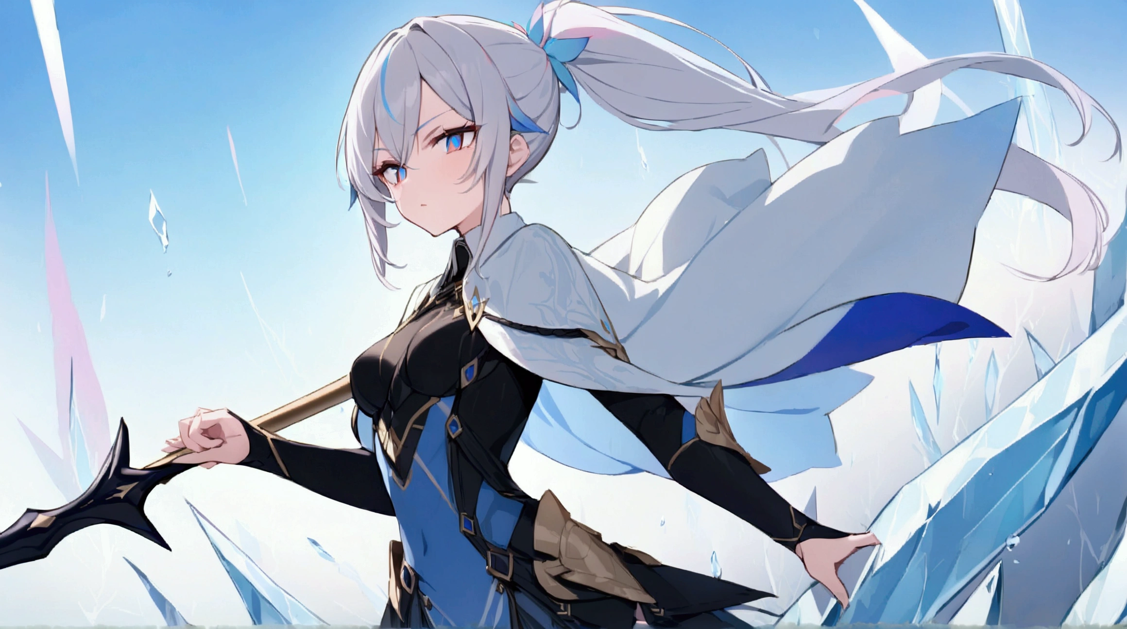 (1girl, Masterpiece, best quality) (detailed and beautiful eyes:1.6) (perfect hands, perfect anatomy) (full body)) Fierce warrior girl with long white hair in a high ponytail and striking red eyes. She wears sleek, modern armor in blue and black with gold and silver details, and a white, high-collared cape with blue and gold accents. She holds a long spear in her right hand and points forward with her left hand. The background should be an icy landscape with crystalline formations and a cold, blue sky, reflecting light off the ice for a mystical atmosphere. Capture her determined and focused expression, conveying a sense of readiness and strength.