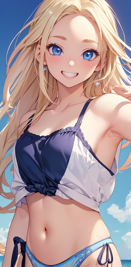 Realistic、1house wife、blonde hair、braid、blue eyes、(eye focus:1.3,face focus,upper body),(gradient eyes:1.3),(camisole　sexy　panties
)、open mouth,(grin:1.3),forehead,cute face、finger to mouth,beach