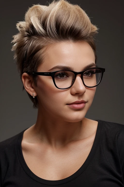 B&W photo, masterpiece, Humanity, Charming chubby Russian fashion model 22 years old with aesthetic soft small natural breasts with beautiful soft pink nipples, round face, round cheeks, round chin, beautiful proportional small wide nose, dark brown eyes, long eyelashes, Sarcastic Look, glasses with lenses, plump sensual lips, ironic one-sided half-smile, ear piercing, very tousled dark brown tousled short hair, spiky, disheveled hair combed into a mohawk, plain black oversized cotton T-shirt(I don't wear a bra because it's hot), gray background Portrait-Medium plan