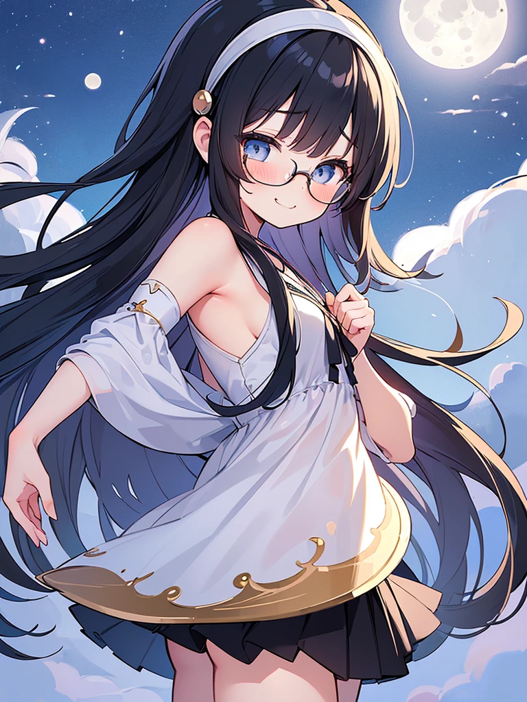 ((masterpiece)), ((best quality)), (ultra-detailed), ((kawaii)), cute, (lovely), illustration, anime style, 1girl, cute girl, solo, (from side:1.3), (midnight:1.3), (full moon:1.5), (moonlight:1.2), (beautiful eyes), beautiful black hair, (long hair), (horseshoe-shaped hairband), slim, slender, glasses, medium breast, (sad smile:1.5).
