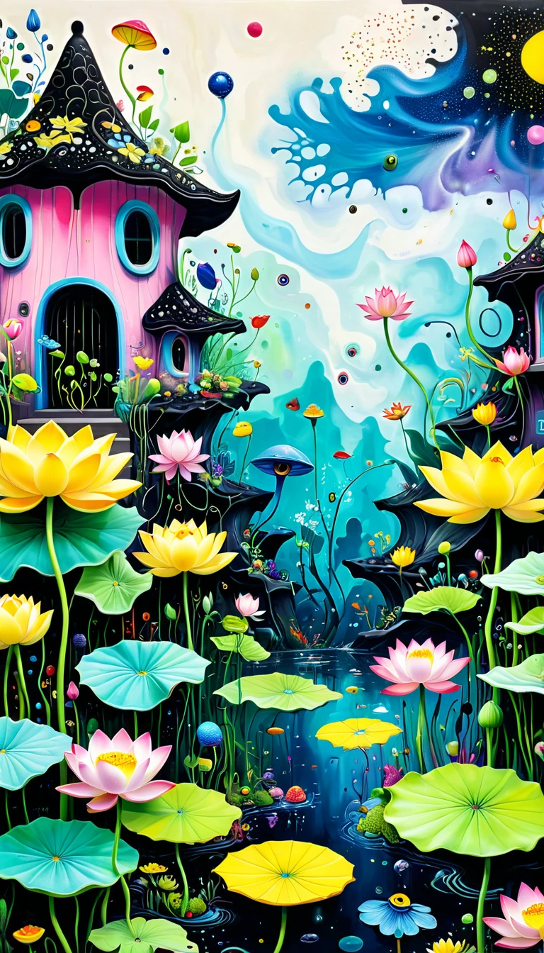 Children's graffiti,Thick coating，Concave and convex texture，Oil pastel strokes：Colorful black，Dopamine color matching，Lotus Leaf，frog，Small tadpoles、house、flowesh、Tentacles、bird、(((Eye)))、diatom，Abstract mosaic painting，Describing the inner world of autistic people，Sense of space，White Space，interesting，Innocence，Psychedelic Art，
