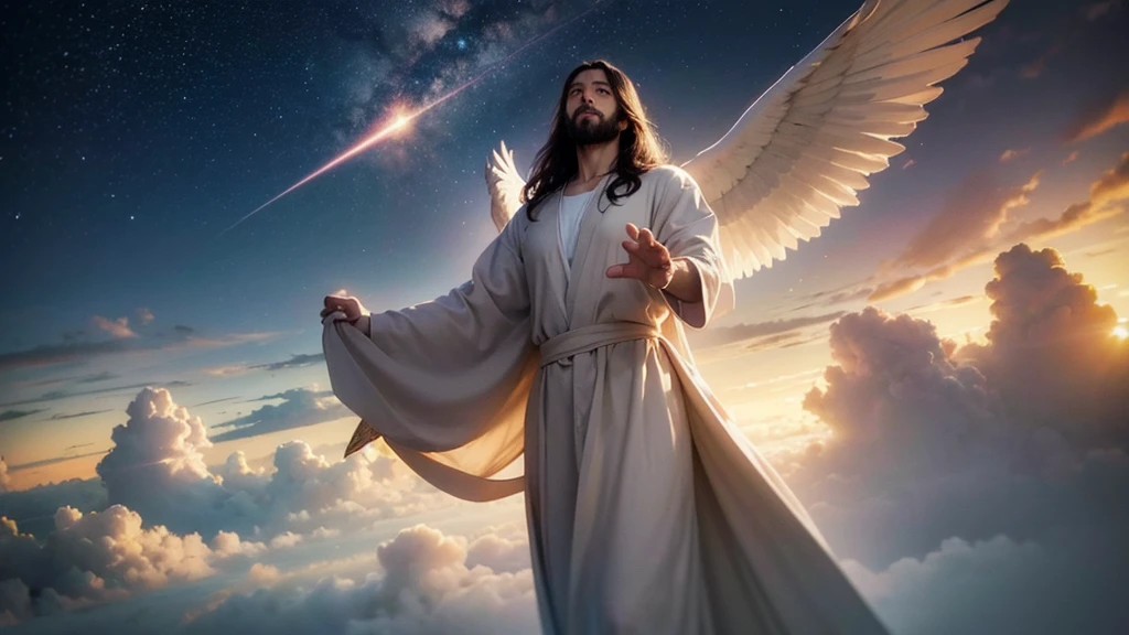 "Jesus descending in the clouds with power and great glory, surrounded by angels and with radiant light, while the people on Earth look up in awe."