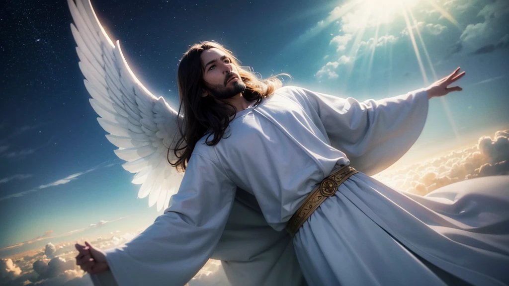 "Jesus descending in the clouds with power and great glory, surrounded by angels and with radiant light, while the people on Earth look up in awe."