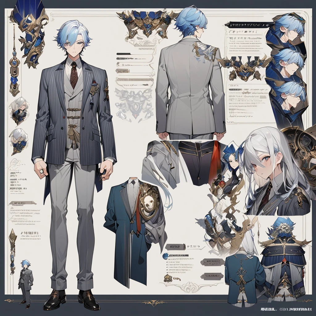 Grey suit、Blue Hair、((masterpiece, Highest quality)), male, maleの子, Detailed face, Character design sheet, Full Body, Full of details, Front view, Back view, Very detailed, depth, Many parts, maleの子 with white hair,Handsome, Scholar's outfit, 背の高いmale性、