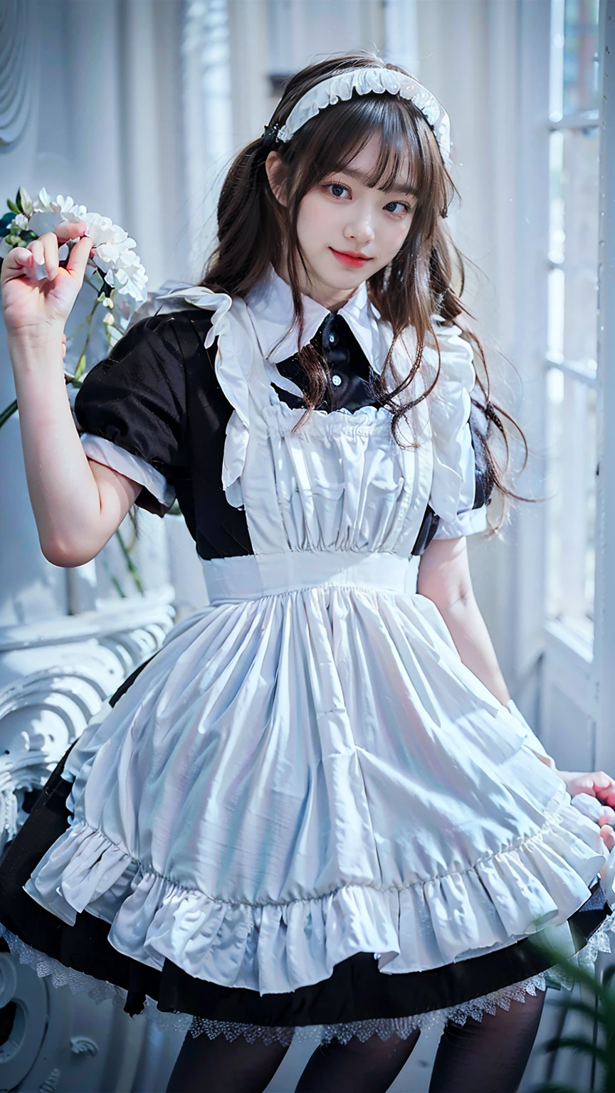 (8k、RAW Photos、Highest quality、masterpiece:1.2)、(Realistic、Realistic)、1 Girl、((Maid Costume:1.2、Thin legs、whole body、View from the front、smile、Looking into the camera、Hold your skirt with both hands and show me your black panties))、cute