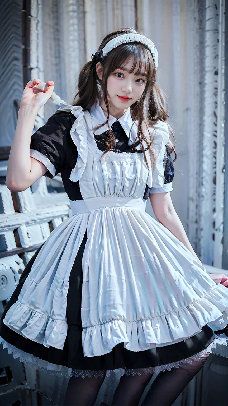 (8k、RAW Photos、Highest quality、masterpiece:1.2)、(Realistic、Realistic)、1 Girl、((Maid Costume:1.2、Thin legs、whole body、View from the front、smile、Looking into the camera、Hold your skirt with both hands and show me your black panties))、cute