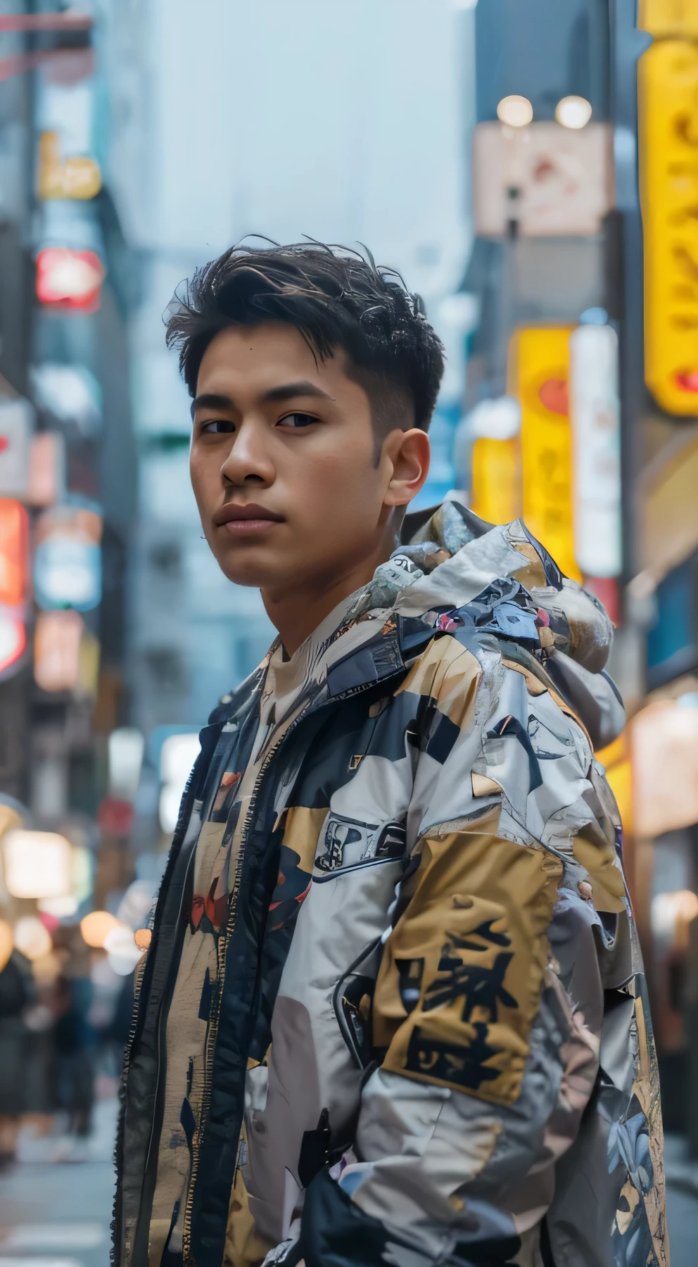Boy wear jacket in Japan street, potrait, full HD, realistis