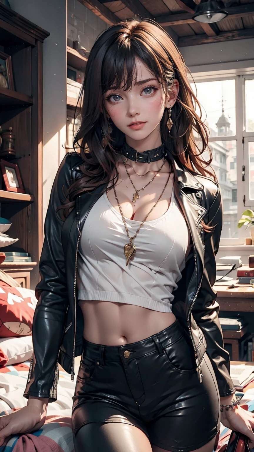 mouth, One girl, alone, In a messy room, guitar, 、Spiked Collar、24 year old Caucasian female、Sexy proportions、Punk rock fashion、Black Shirt、Leather jacket、Leather leggings、Flashy makeup、long hair、rosary necklace、rosary earrings、Put a spiked bracelet on your wrist