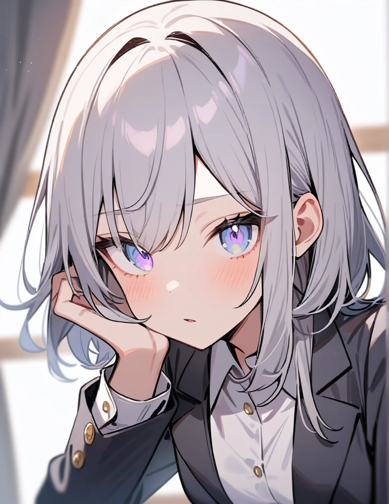 One girl, masterpiece, Gray Hair, Light blue eyes,Light purple eyes,Odd Eye, Wolf Cut,wearing a blazer