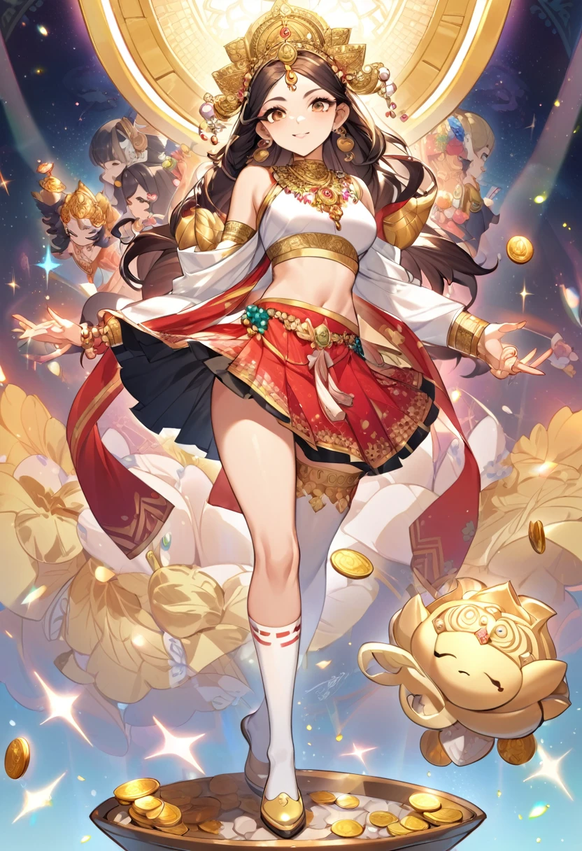 A modern, youthful twist on the divine siblings, Lakshmi and Kubera, with Lakshmi, the Indian goddess of wealth and prosperity, adopting a trendy school girl look. She's dressed in a vibrant crop top that exposes her toned midriff, adorned with intricate gold detailing reminiscent of her traditional attire. Her lower half is covered by a matching mini skirt, with thigh-high socks that feature playful motifs of coins and lotus flowers—symbols of her divine essence. On her feet are a pair of stylish yet comfortable school shoes, suitable for a day of learning and adventure. Lakshmi's signature jewelry, including her gold necklace and earrings, sparkle as they catch the light, hinting at her heavenly origin.