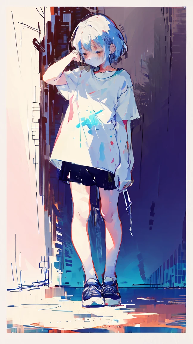 watercolor,girl,One person,White T-shirt,Messy room,crouch,cry,sad,high resolution,