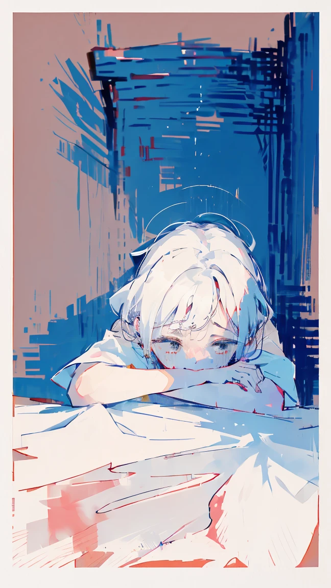 watercolor,girl,One person,White T-shirt,Messy room,crouch,cry,sad,high resolution,