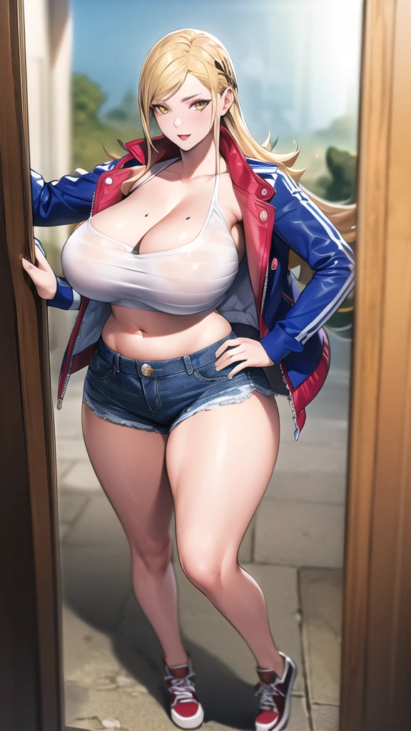 full body, (masterpiece), (best quality), ultra high res, ultra detailed, detailed eyes, intricate, 1girl, blond hair, looking at viewer, huge breasts, cleavage, collarbone, denim, denim shorts, jacket, long sleeves, ((open clothes)), open jacket, partially unzipped, yellow jacket, shirt, short shorts, shorts, tank top, track jacket, unzipped, ((huge breasts, big hips, tight clothes, cleavage, looking at the viewer)), (abs:0.8), blushed, underboob (realistic:1.2), (realism), (masterpiece:1.2), (best quality), (ultra detailed), (8k, 4k, intricate), (85mm), light particles, lighting, (highly detailed:1.2), (detailed face:1.2), (gradients), colorful, (detailed eyes:1.2), (detailed background), detailed landscape, (dynamic angle:1.2), (rule of third_composition:1.3), (Line of action:1.2)