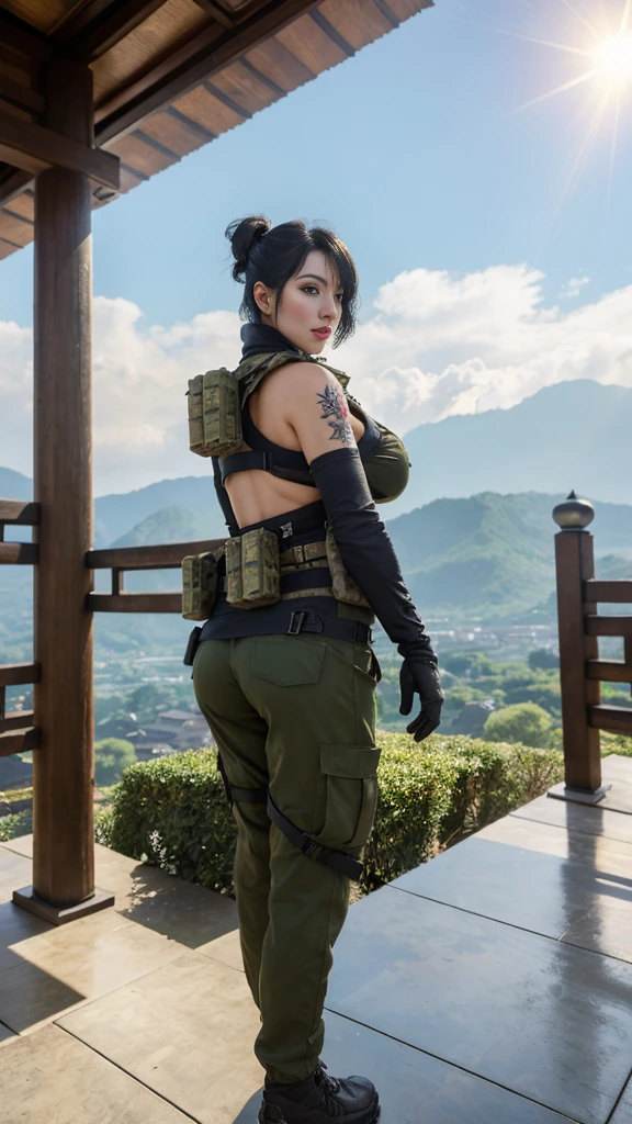 (masterpiece, best quality:1.2), mara (call of duty), 1girl, solo, black hair, gloves, scarf, tattoo, military, breasts, holster, pants, load bearing vest, umbrella, cloud, sky, sunlight, light rays, architecture, outdoors, sunbeam, cloudy sky, east asian architecture, day, blurry, scenery, torii
