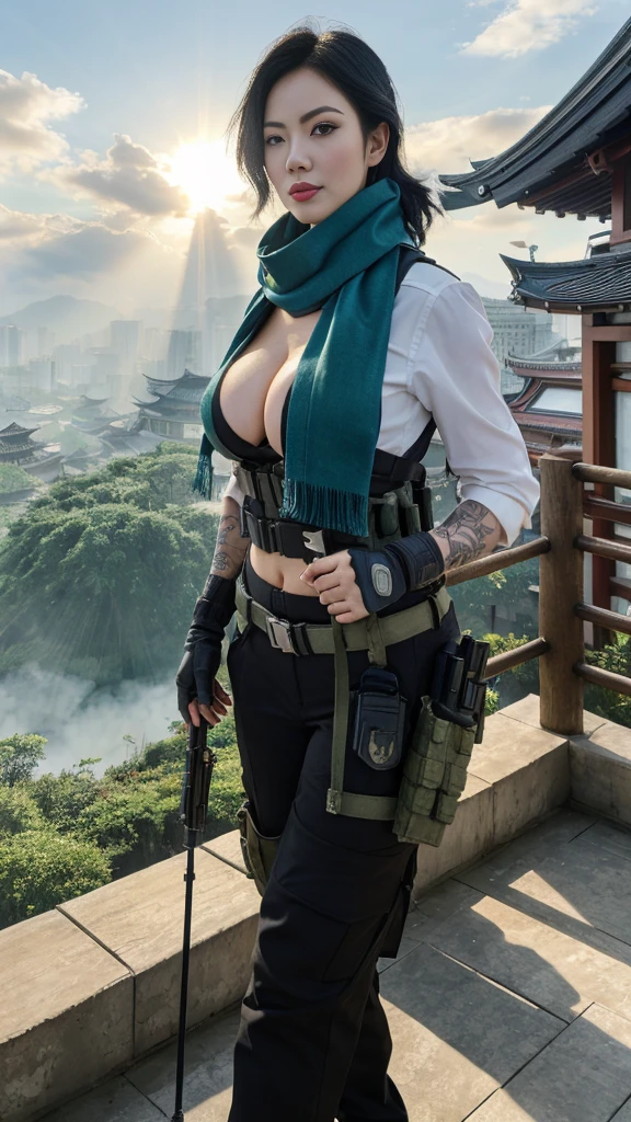 (masterpiece, best quality:1.2), mara (call of duty), 1girl, solo, black hair, gloves, scarf, tattoo, military, breasts, holster, pants, load bearing vest, umbrella, cloud, sky, sunlight, light rays, architecture, outdoors, sunbeam, cloudy sky, east asian architecture, day, blurry, scenery, torii
