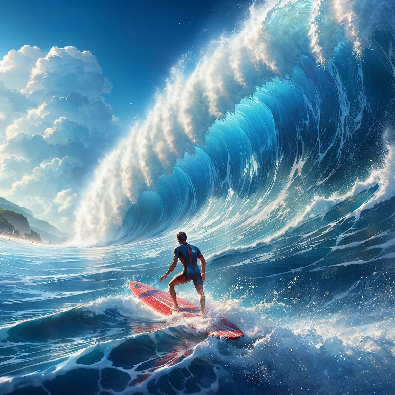 ultra-detailed concept art, the back of a man in a bathing suit surfing on a red surfboard, a huge wave, The waves are very detailed and transparent, captured by a high-speed camera. depth of field, dramatic lighting and shading, exaggerated perspective, dynamic angle, light particles, water splash effect, bright summer blue sky, masterpiece, best quality, beautiful illustration, very aesthetic art