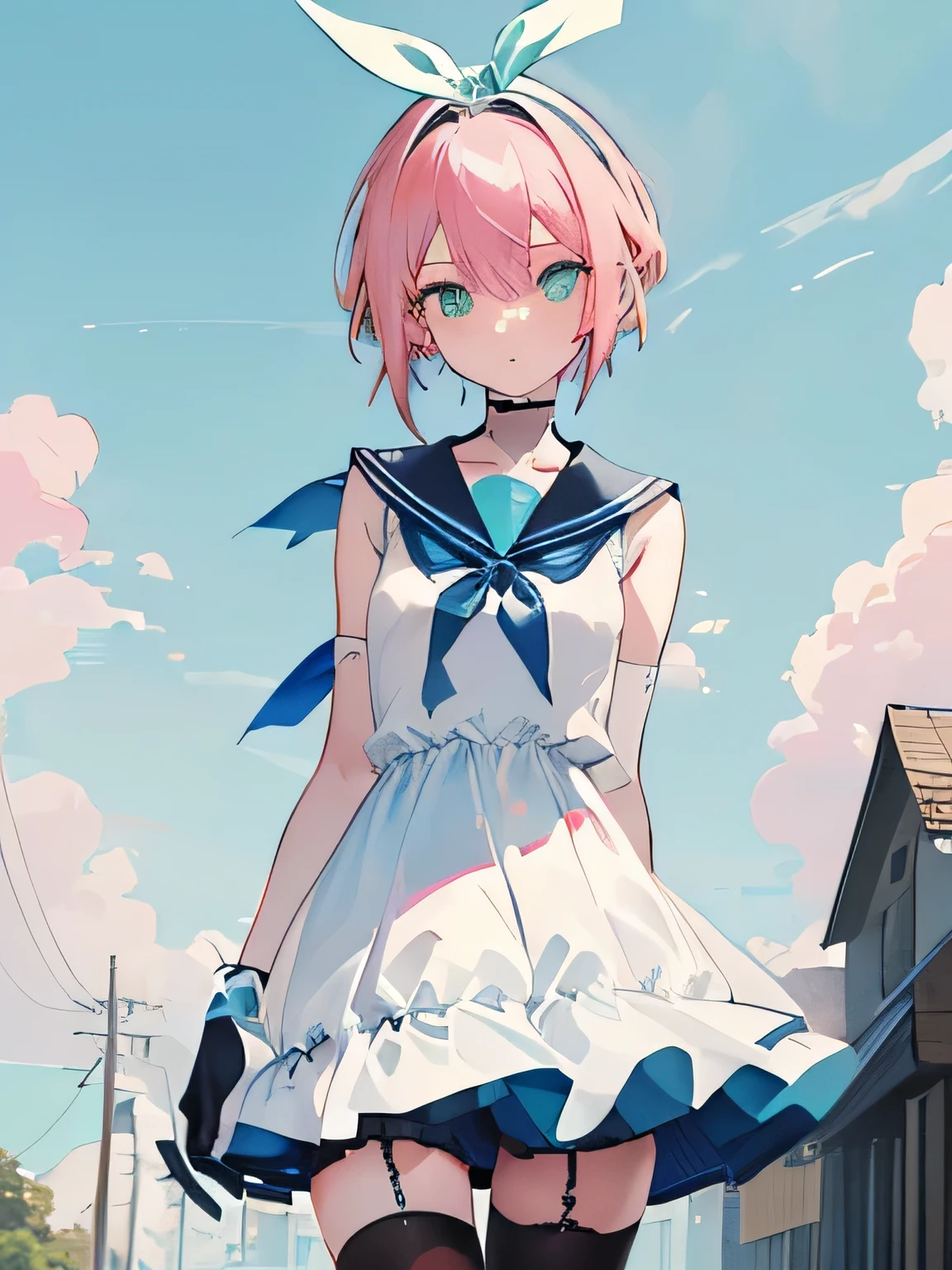 (((pink hair))) ,((green eye)), short hair, ((( short tale))),skinny body, mainly white and sky blue hem sundress,blue hairband,((black long gloves)), (((blue sailor color))), (((blue thin neck ribbon))),one hair ribbon,bike shorts,((black kneehighs)),((wide-eyes))