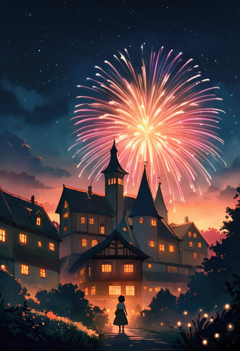 "A night sky filled with stars and vibrant fireworks, set in a Studio Ghibli-inspired world. The background features beautiful nature and buildings reminiscent of those seen in Ghibli animations. The scene has a warm, magical atmosphere."