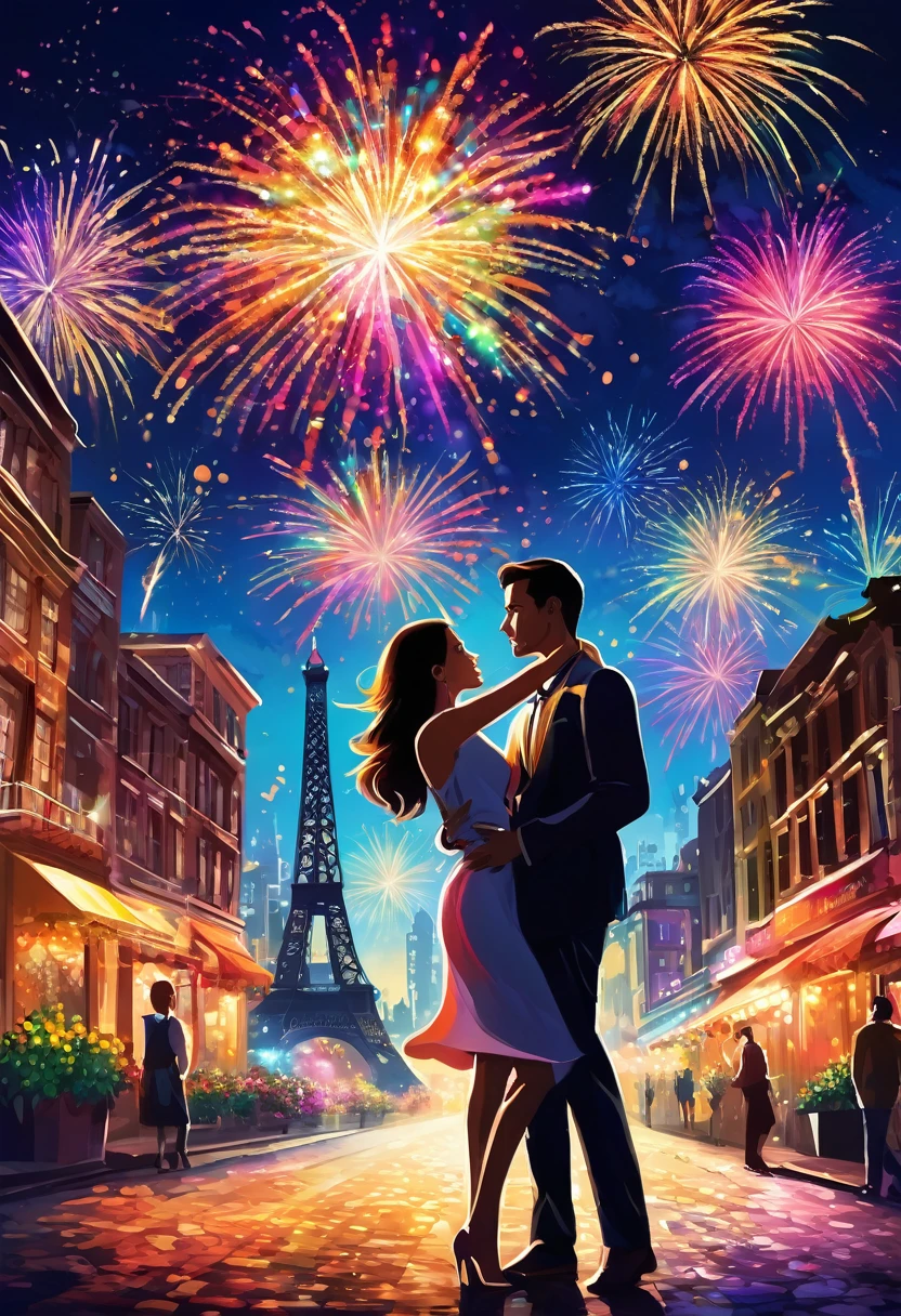 Sure, here's a prompt in English for creating that scene using Stable Diffusion:
"A man holding flowers gives them to a beautiful woman amidst a cityscape with stunning colorful lights, and fireworks bursting in the background."
If you need any adjustments or additional details, feel free to let me know!