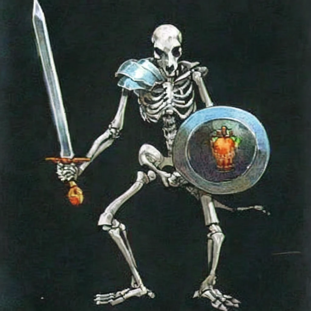 a close up of a スケルトン holding a sword and shield, Skeleton warrior, Skeleton knight, ( ( (Dog Skull Skeleton ) ) )