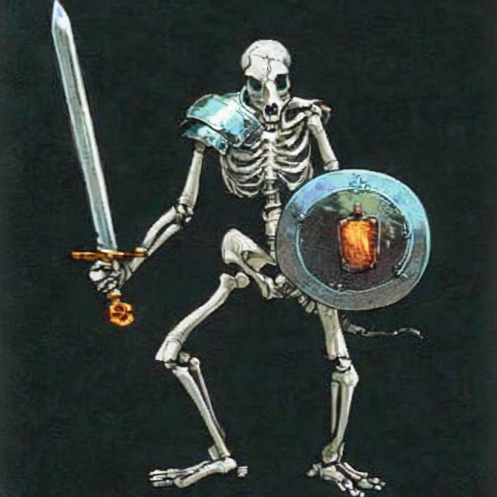 a close up of a スケルトン holding a sword and shield, Skeleton warrior, Skeleton knight, ( ( (Dog Skull Skeleton ) ) )
