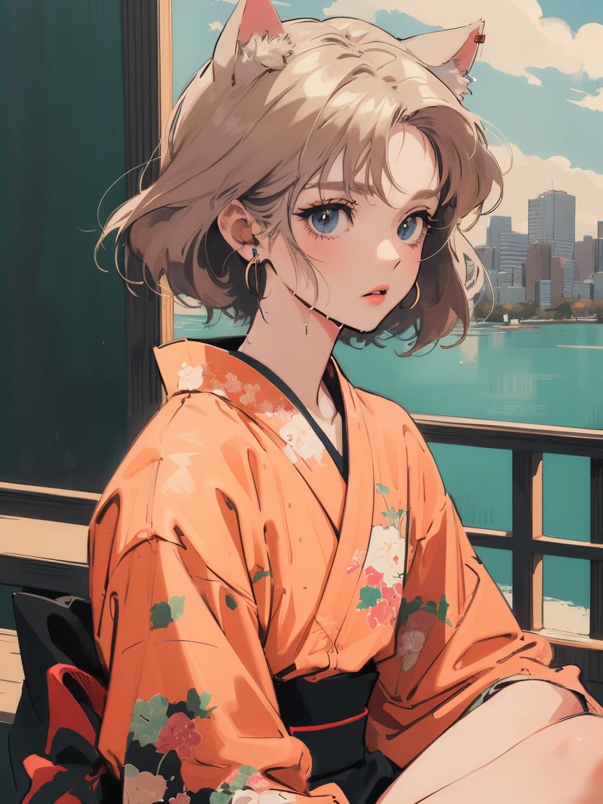 anime girl sitting on floor looking, anime aesthetic, anime vibes, Lofi Artstyle, Lo-fi portrait. anime, Lofty Girl, anime art wallpaper 4 k, anime art wallpaper 4k, anime art wallpaper 8 k, anime background art, Lofi Color, Lofi Art, anime asthetic, Very Short Hair, kimono, kimono, Tokyo scenery, In the city, Wet day, Outside, Cloudy, Future, Whole body shot, Cat ear