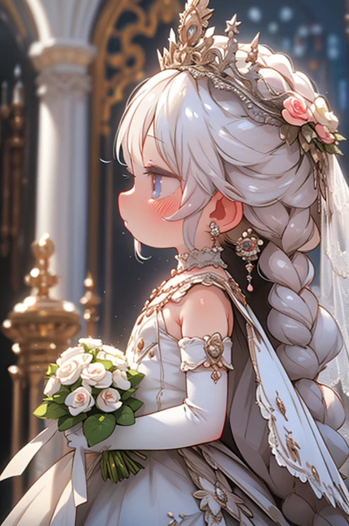 One Girl, Earrings, Veil, jewelry, alone, wedding dress, flower束,  dress, bridal Veil, flower, elbow gloves, white dress,  gloves, chest, flower嫁, Upper Body, From the side, profile, white gloves, Rose, medium chest, Mouth closed, hoop Earrings, white flower, holding flower束