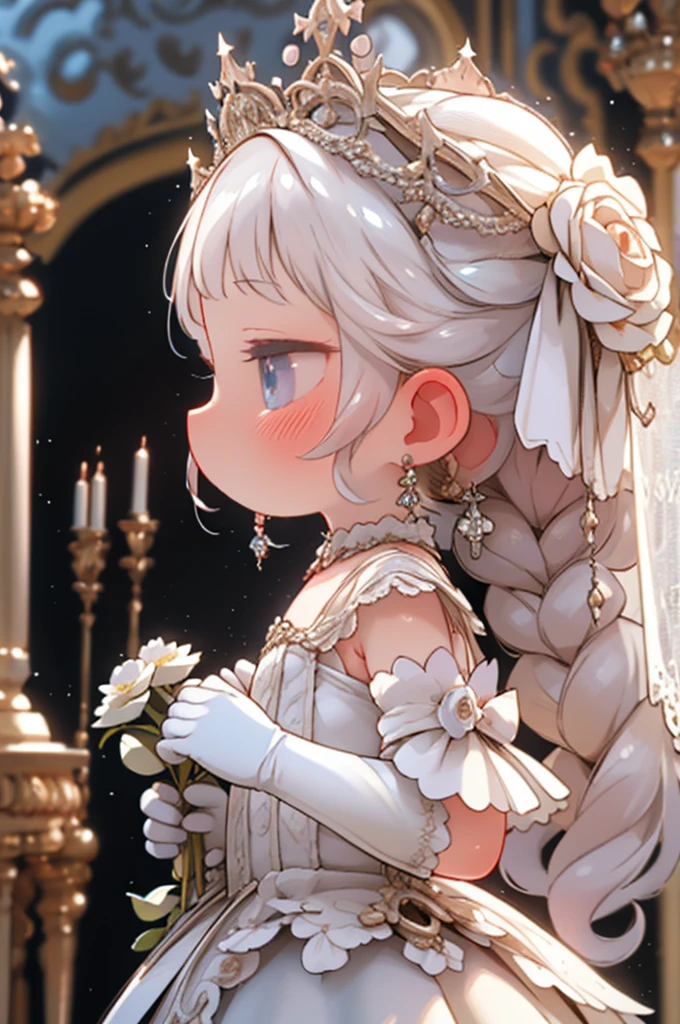 One Girl, Earrings, Veil, jewelry, alone, wedding dress, flower束, dress, bridal Veil, flower, elbow gloves, white dress, gloves, chest, flower嫁, Upper Body, From the side, profile, white gloves, Rose, medium chest, Mouth closed, hoop Earrings, white flower, holding flower束