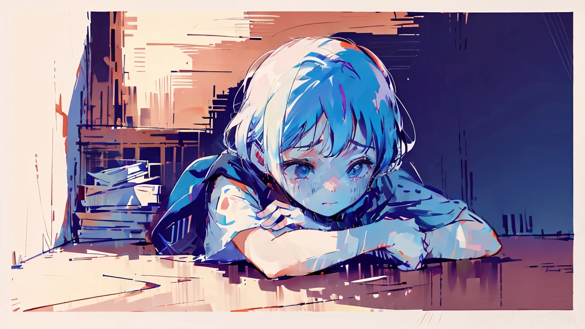 watercolor,girl,One person,White T-shirt,Messy room,crouch,cry,sad,high resolution,