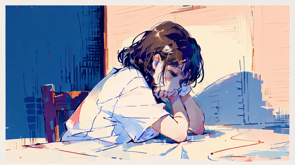 watercolor,girl,One person,White T-shirt,Messy room,crouch,cry,sad,high resolution,