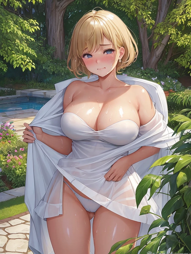 ((Highest quality)), ((masterpiece)), Pitch Resuit、Huge boobs:1.5、18-year-old female、(Embarrassed face:1.5)、(Completely visible:1.5)、(Panties fully exposed)、(White cotton panties)、Tears in the corners of my eyes、 Off the shoulder、See-through、Knee-high、(night)、garden、The surroundings are dark:1.5、Mini skirt dress 、watermark, (Glossy Skin, Sweaty:1.4)、、Short Hair、Blonde、(Brown Eyes),Drawing Depth,The eyes are delicate,Sharp pupils,slender、(Thick thighs)、 Extremely detailed