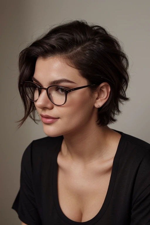 B&W photo, masterpiece, Humanity, Charming chubby Russian fashion model 22 years old with aesthetic soft small natural breasts with beautiful soft pink nipples, round face, round cheeks, round chin, beautiful proportional small wide nose, dark brown eyes, long eyelashes, Sarcastic Look, glasses with lenses, plump sensual lips, ironic one-sided half-smile, ear piercing, very tousled dark brown tousled short hair, spiky, disheveled hair combed into a mohawk, highlighting hair ends scarlet, plain black oversized cotton T-shirt(I don't wear a bra because it's hot), gray background Portrait-Medium plan