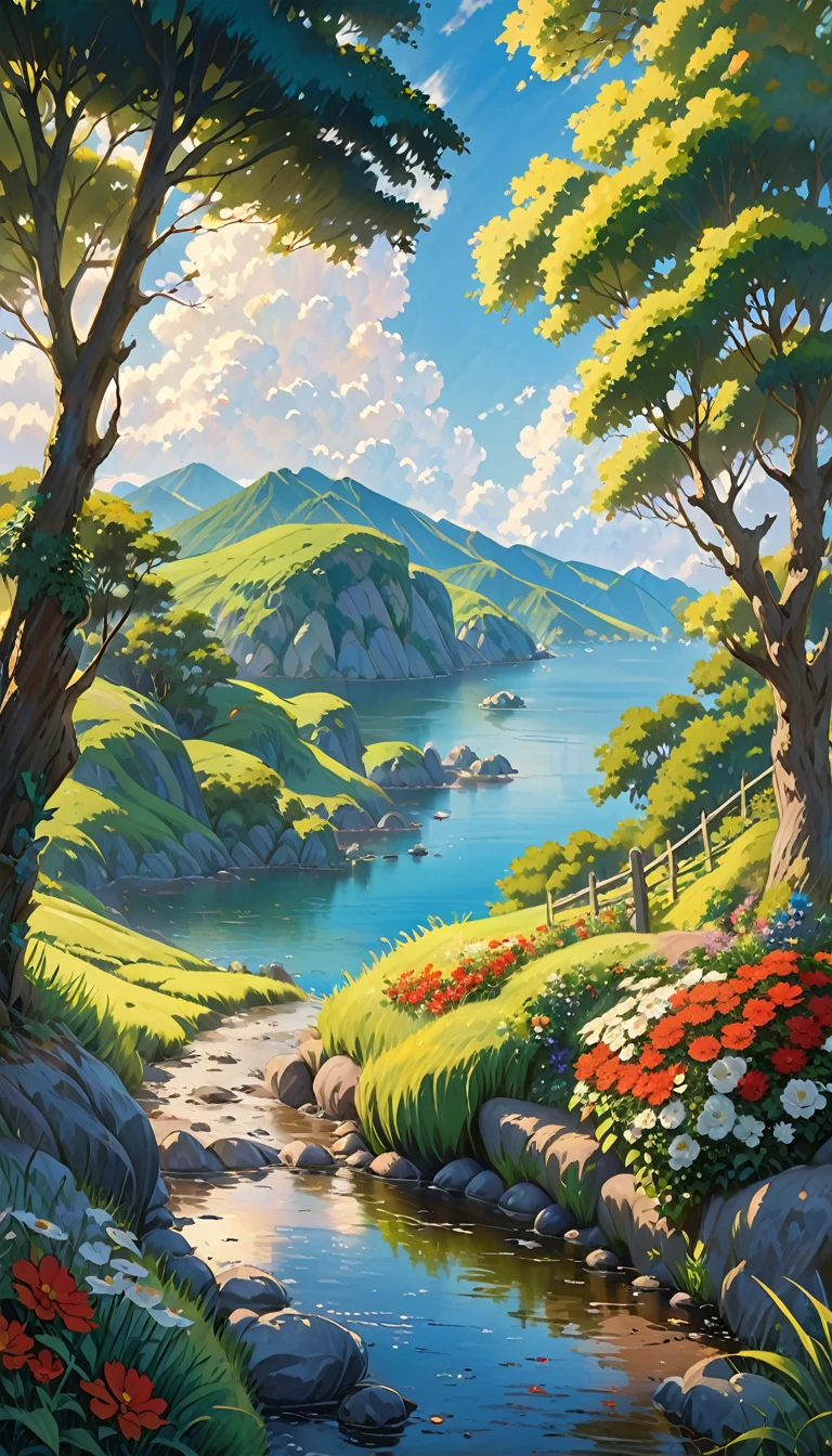 Realistic, authentic, beautiful and amazing landscape oil painting Studio Ghibli Hayao Miyazaki's petal grassland with blue sky and white clouds 8k, birds --v6