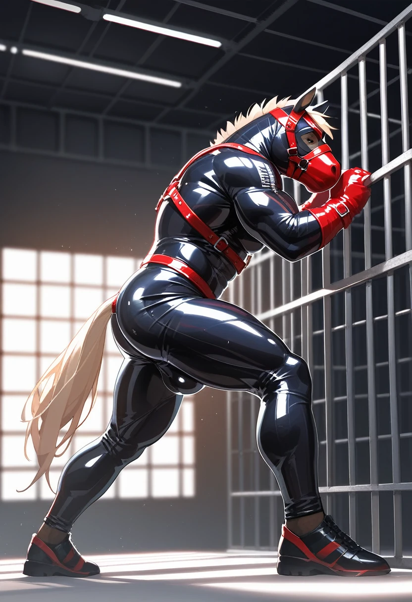 Highest quality, Highest quality, High quality illustrations, masterpiece, Ultra-high resolution, Detailed Background, Inside the Jail, Absurd, Perfect Anatomy, performance, Good lighting, Shadows in the movies(kemono, Furry Personifi猫ion), horse, Muscle Body, Rubber Suit, Racing Suits, Red harness, Rubber mask, big bulge,  From the side, Show your ass