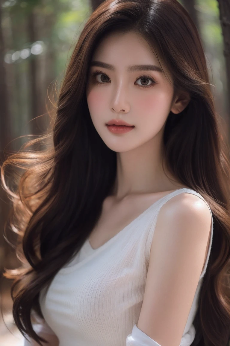 high quality, 8K Ultra HD, hyper-realistic, full body, A charming woman in a forest with a view of an old castle, The woman is portrayed in a moonlit setting, her features bathed in a soft, diffused glow that accentuates the delicate nuances of her expression. The artist, drawing from Sargent's precision, captures every subtle contour of her face, the intricacies of her gaze, and the cascading strands of her hair, In this mysterious ambiance, the artist employs da Vinci's mastery of shadow and light, creating an alluring interplay that accentuates the enigmatic aura surrounding the woman, Shadows dance across her features, enhancing the depth of her gaze and adding a touch of secrecy to the composition, by yukisakura, highly detailed,
